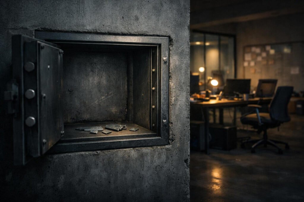 Why Cryptocurrency Hacks Persist Even After Funds Have Been Depleted Open empty safe with scattered fragments in a dim office, symbolizing the lasting impact of crypto hacks even after funds are gone