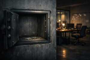 Open empty safe with scattered fragments in a dim office, symbolizing the lasting impact of crypto hacks even after funds are gone