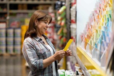 shopper looks at paint color samples at home improvement store