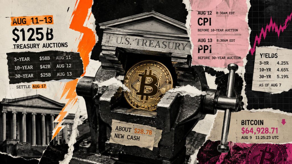 rewrite this title in other words: Treasury auctions test Bitcoin as July CPI and PPI land Liam 'Akiba' Wright