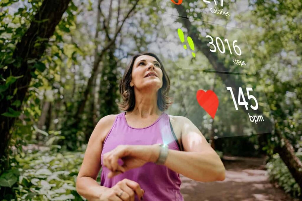 runner checks her biodata on smartwatch