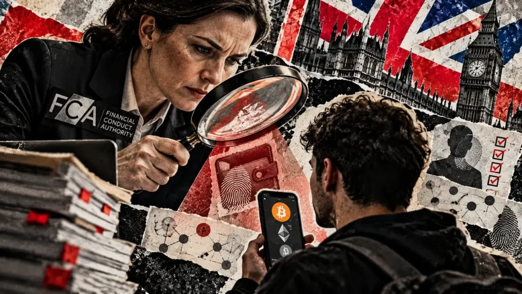 FCA Suggests Voluntary Guidelines on Personal-Wallet Checks Editorial collage showing a female FCA inspector examining a man's crypto wallet, with fingerprint records and Westminster in the background.