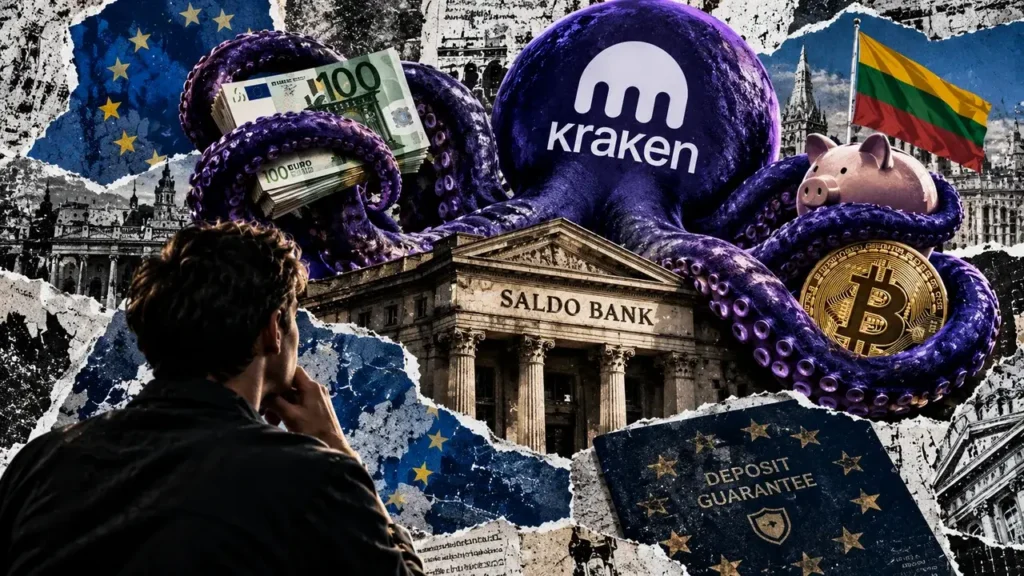 Kraken aims to be your financial institution, but who will safeguard your funds? A purple Kraken octopus surrounds Saldo Bank with euro banknotes, Bitcoin, a piggy bank, and European deposit guarantee symbols.