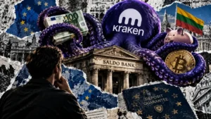 A purple Kraken octopus surrounds Saldo Bank with euro banknotes, Bitcoin, a piggy bank, and European deposit guarantee symbols.