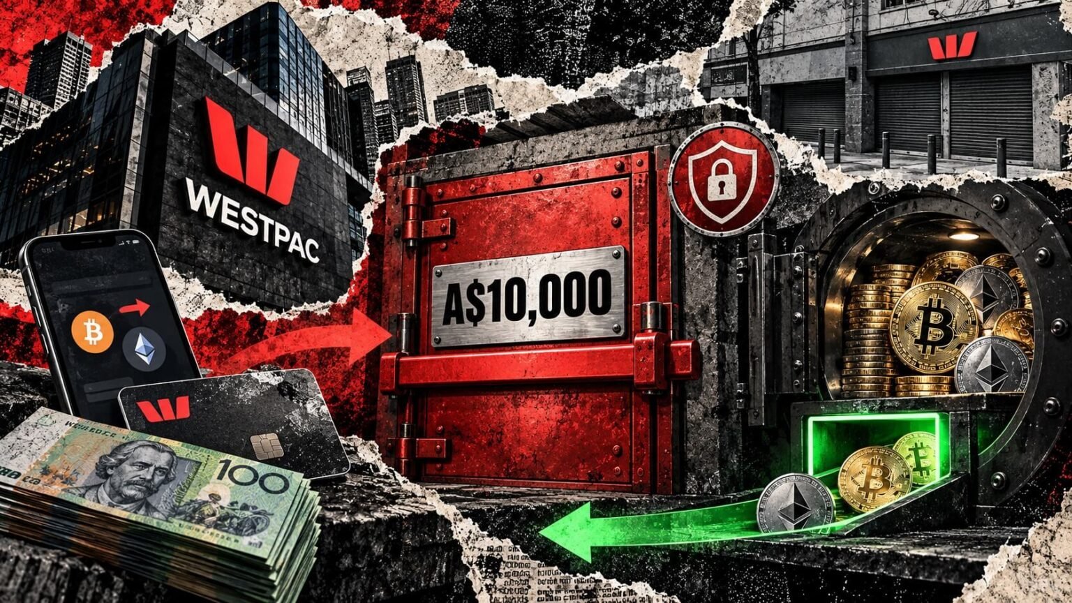 Westpac Restricts Crypto Exchange Deposits Due to Fraud Regulations Editorial collage of Westpac’s A$10,000 crypto deposit barrier, with exchange withdrawals remaining open.