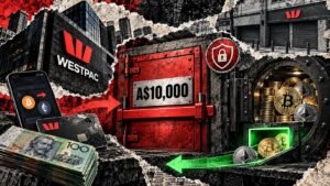 Editorial collage of Westpac’s A$10,000 crypto deposit barrier, with exchange withdrawals remaining open.